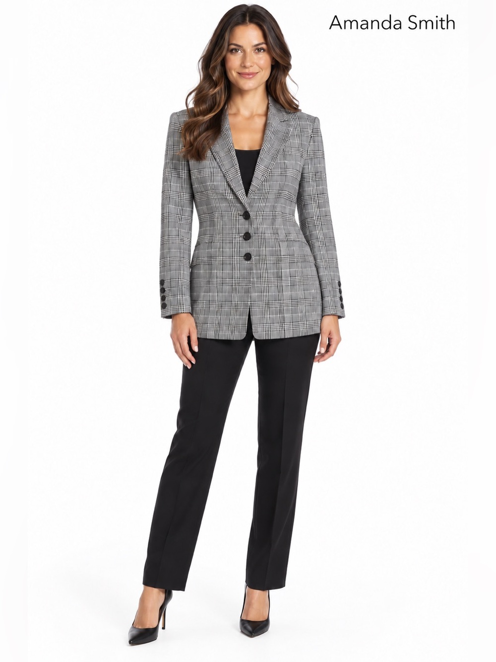 Amanda Smith Black White Plaid Linen Blend Blazer Jacket Size 12 career wear